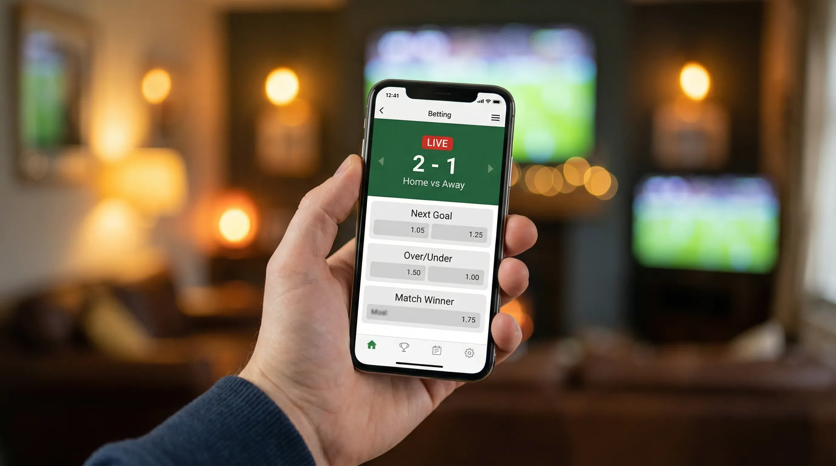 Smartphone con app di scommesse calcio aperta su una partita live con opzioni di betting
