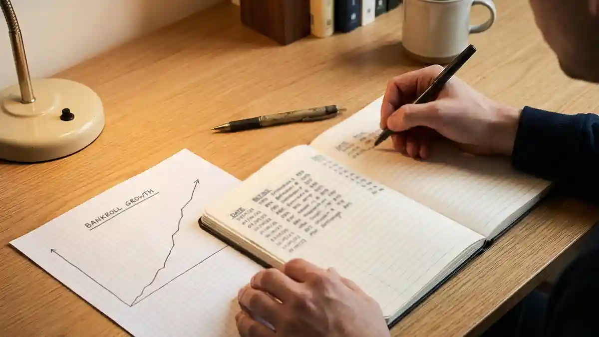 Gestione del bankroll per scommesse sportive con quaderno e penna