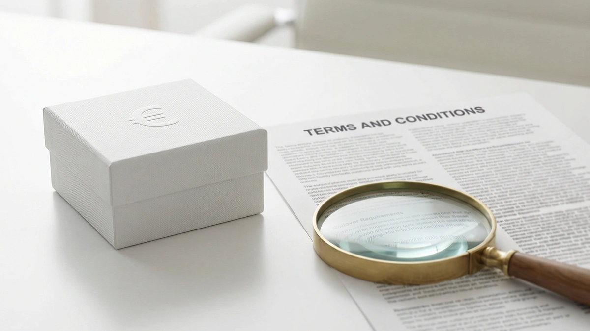 Simbolo € di bonus benvenuto con documento dei requisiti di rollover per le scommesse in Italia