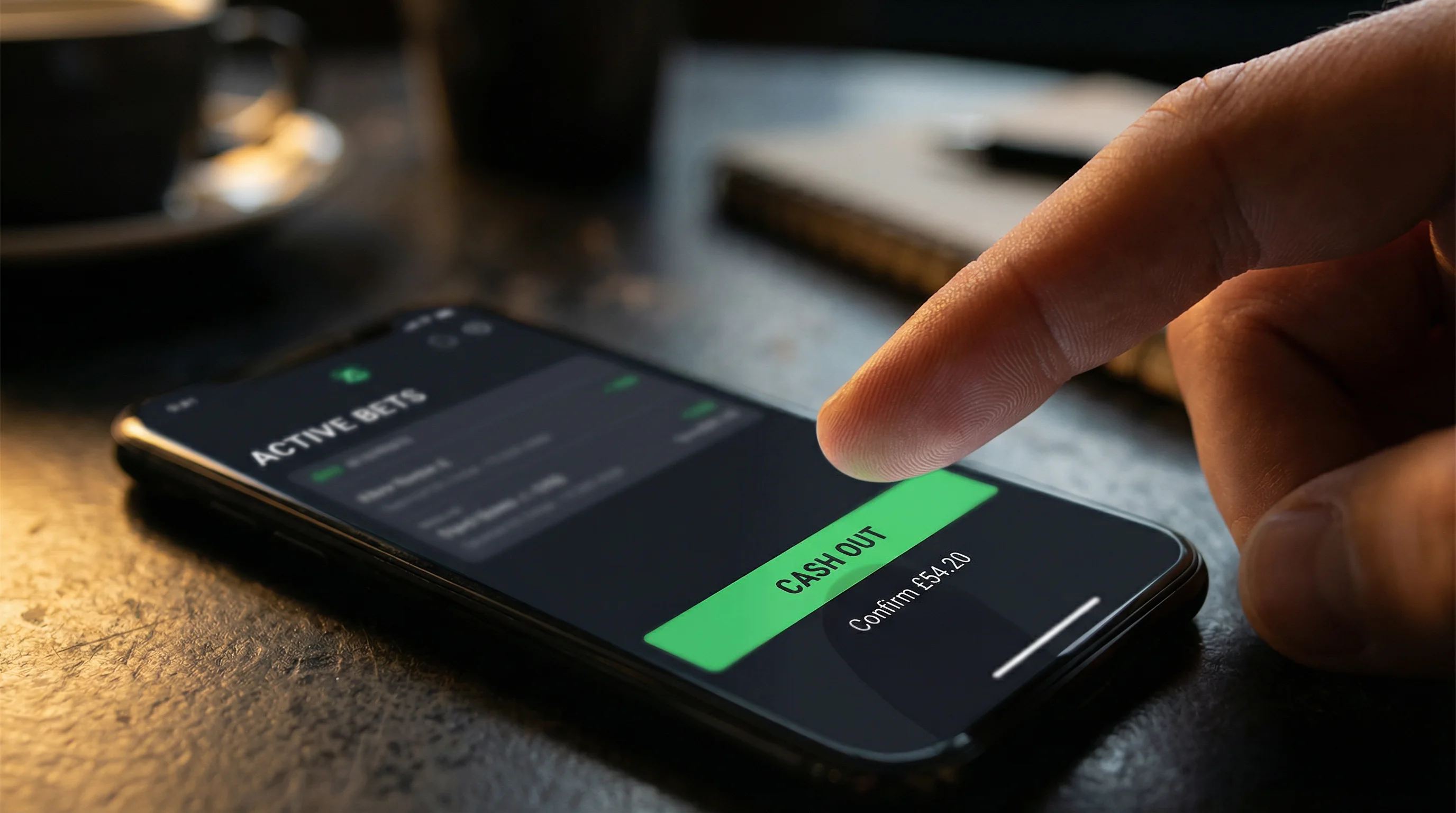 Mano che preme un pulsante di conferma su uno schermo rappresentando la decisione di cash out nelle scommesse