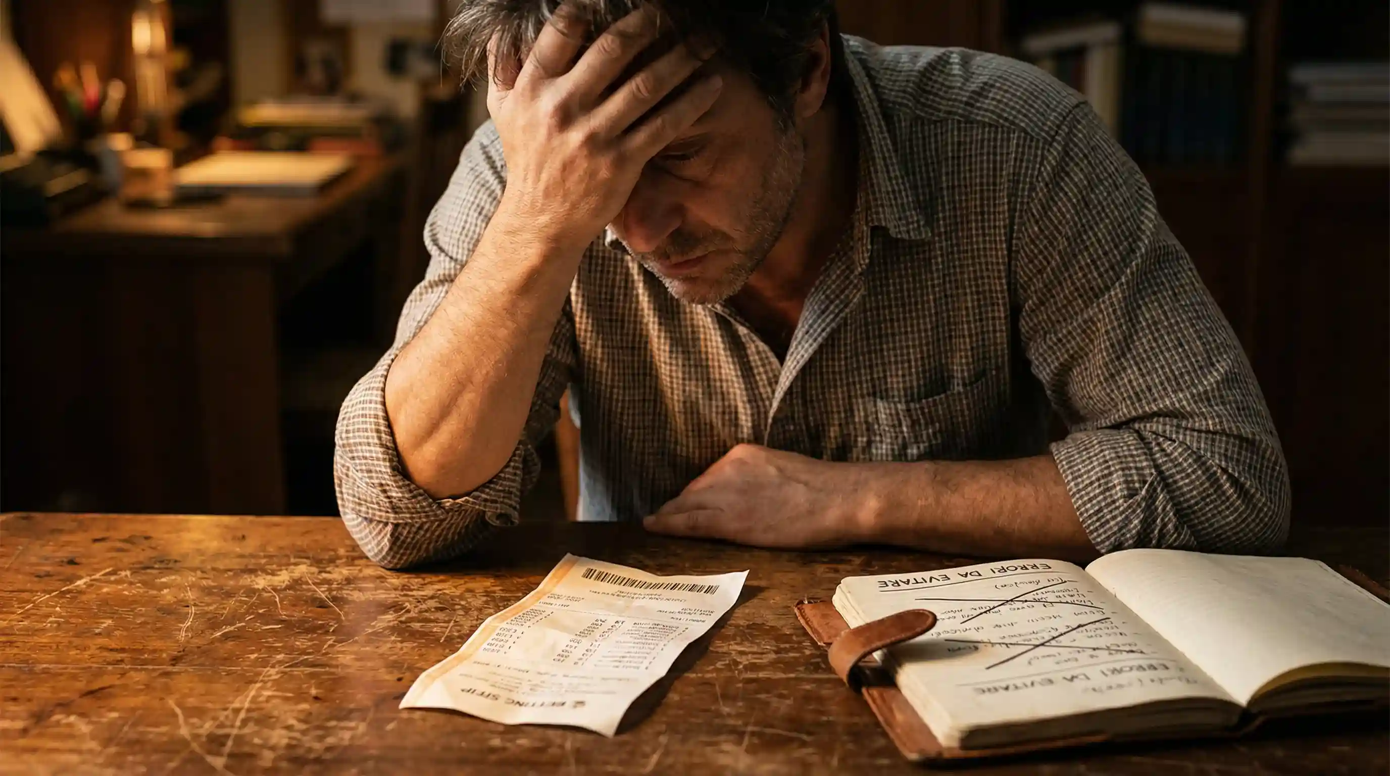 Scommettitore pensieroso davanti a una schedina sbagliata con errori da evitare nelle scommesse calcio