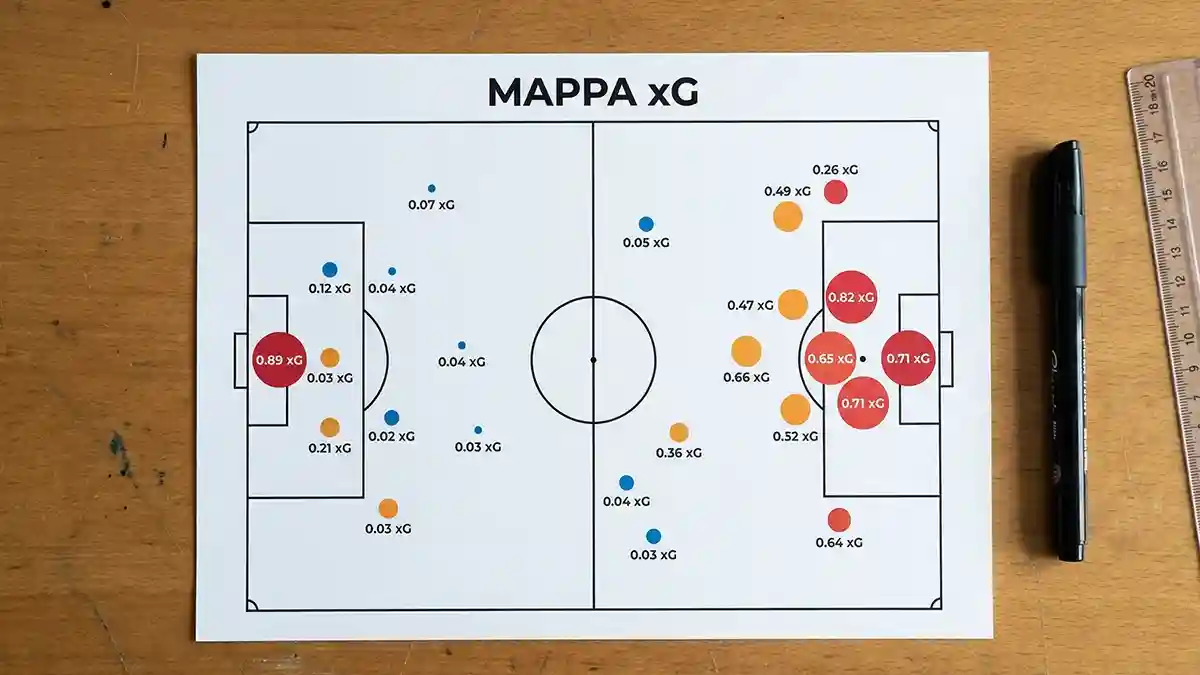 Mappa di tiro su un campo da calcio con valori expected goals xG per l analisi delle scommesse