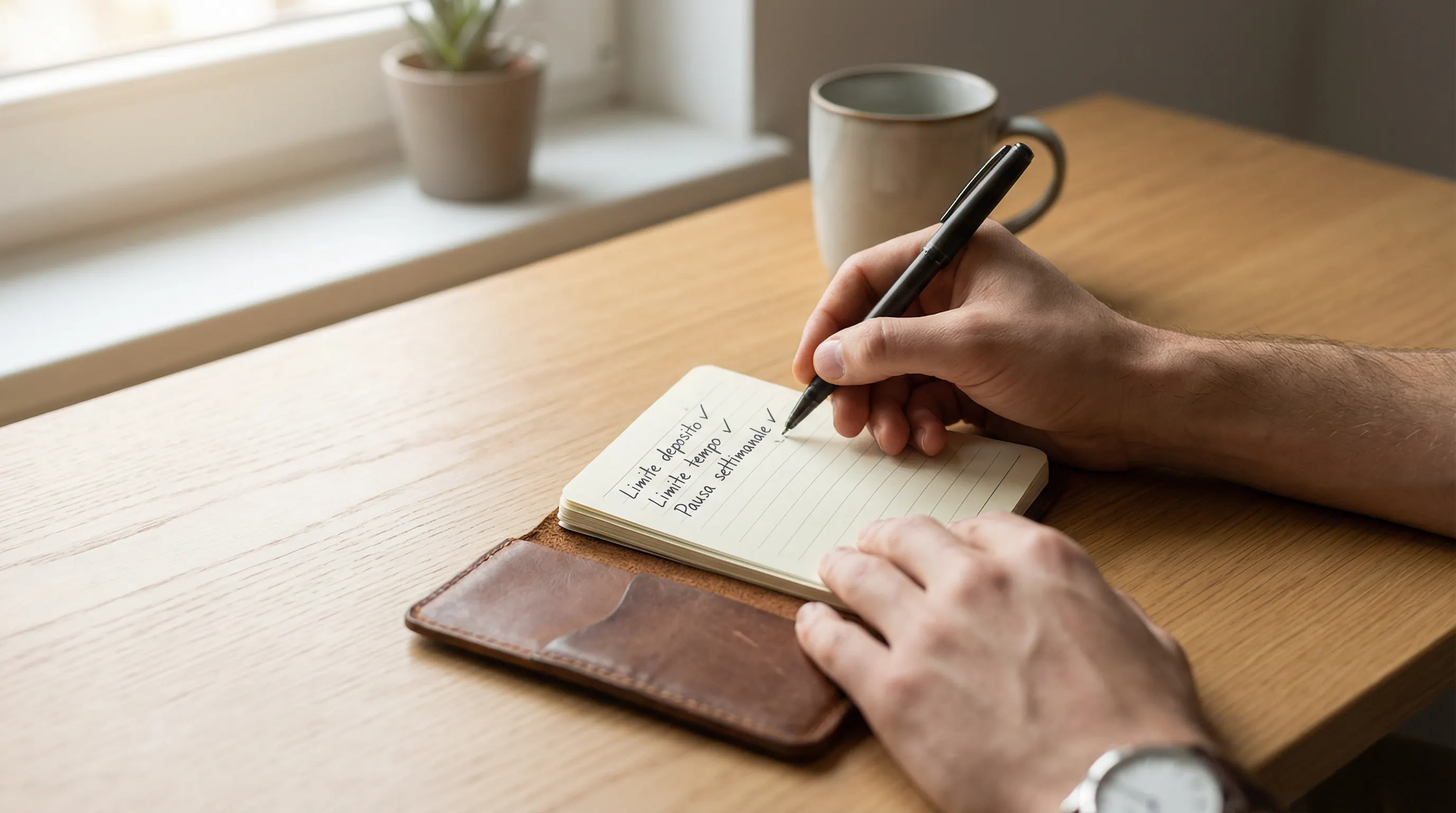 Mano che scrive limiti di gioco su un blocco note rappresentando il gioco responsabile nelle scommesse