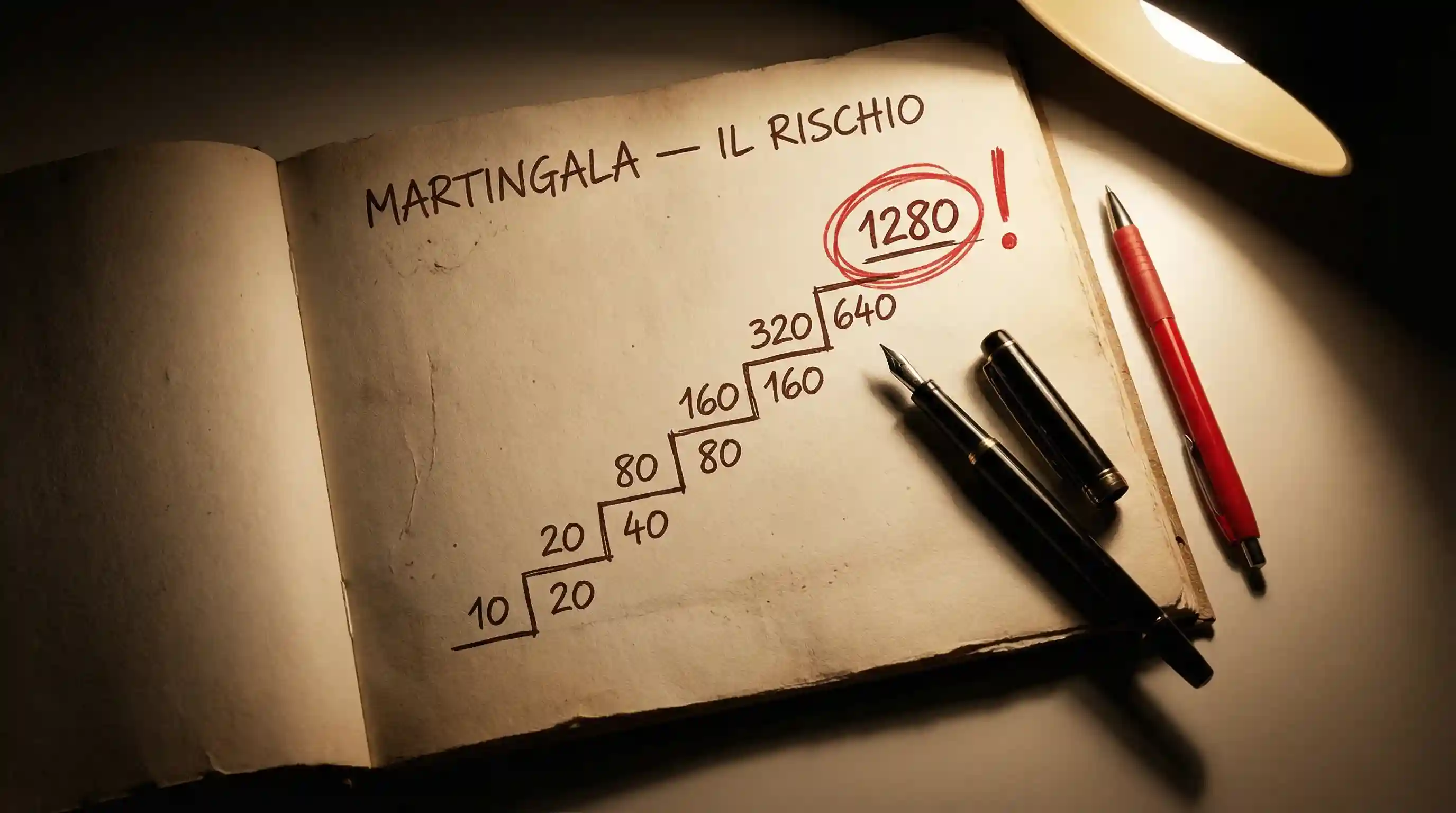 Scala crescente di puntate che illustra il raddoppio della martingala e il rischio di perdita nelle scommesse