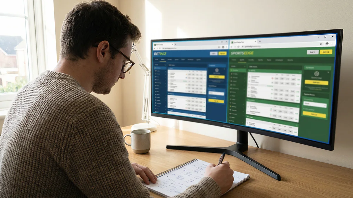 Persona al computer che confronta quote tra bookmaker per il matched betting con bonus ADM