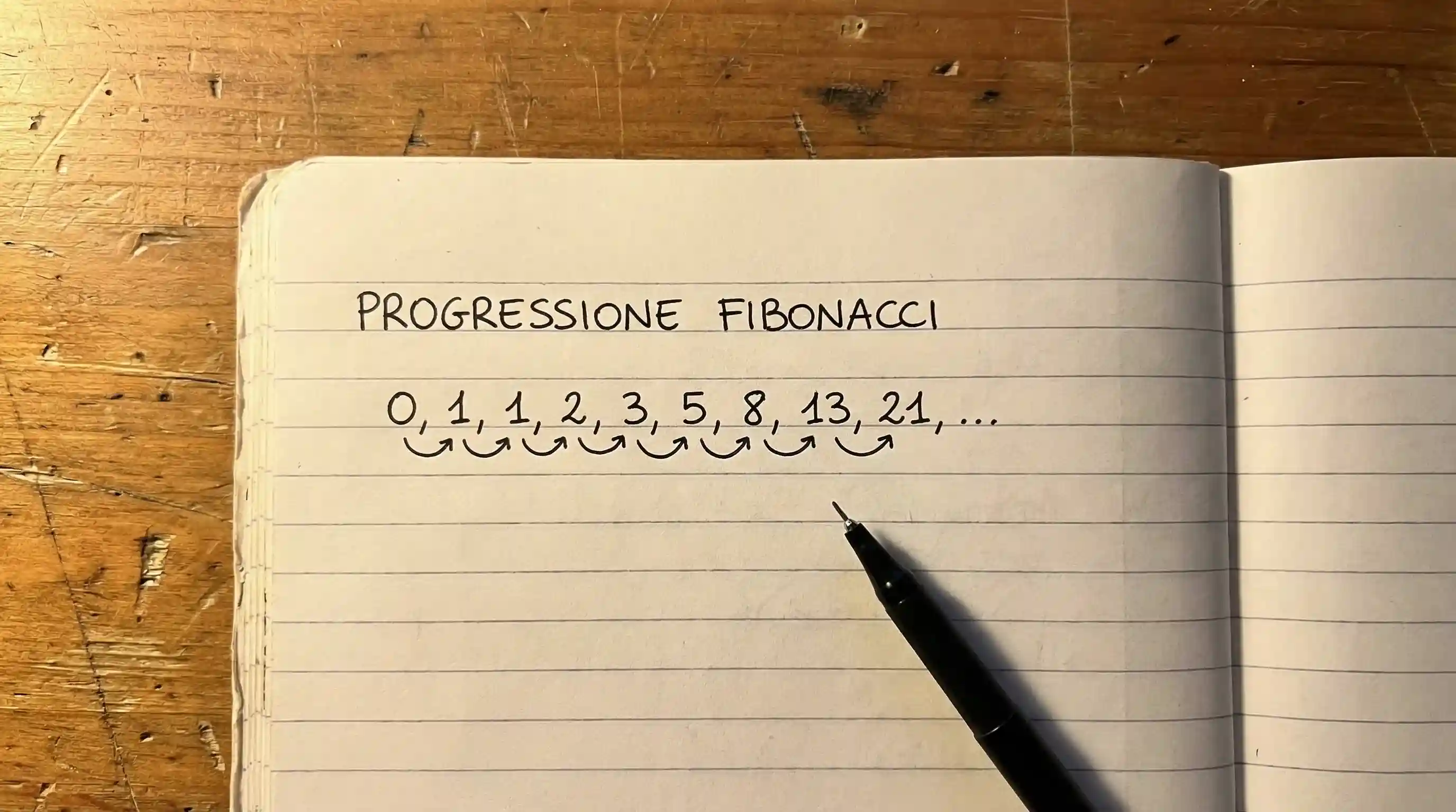 Sequenza numerica di Fibonacci scritta su un quaderno accanto ad appunti sulle scommesse sportive