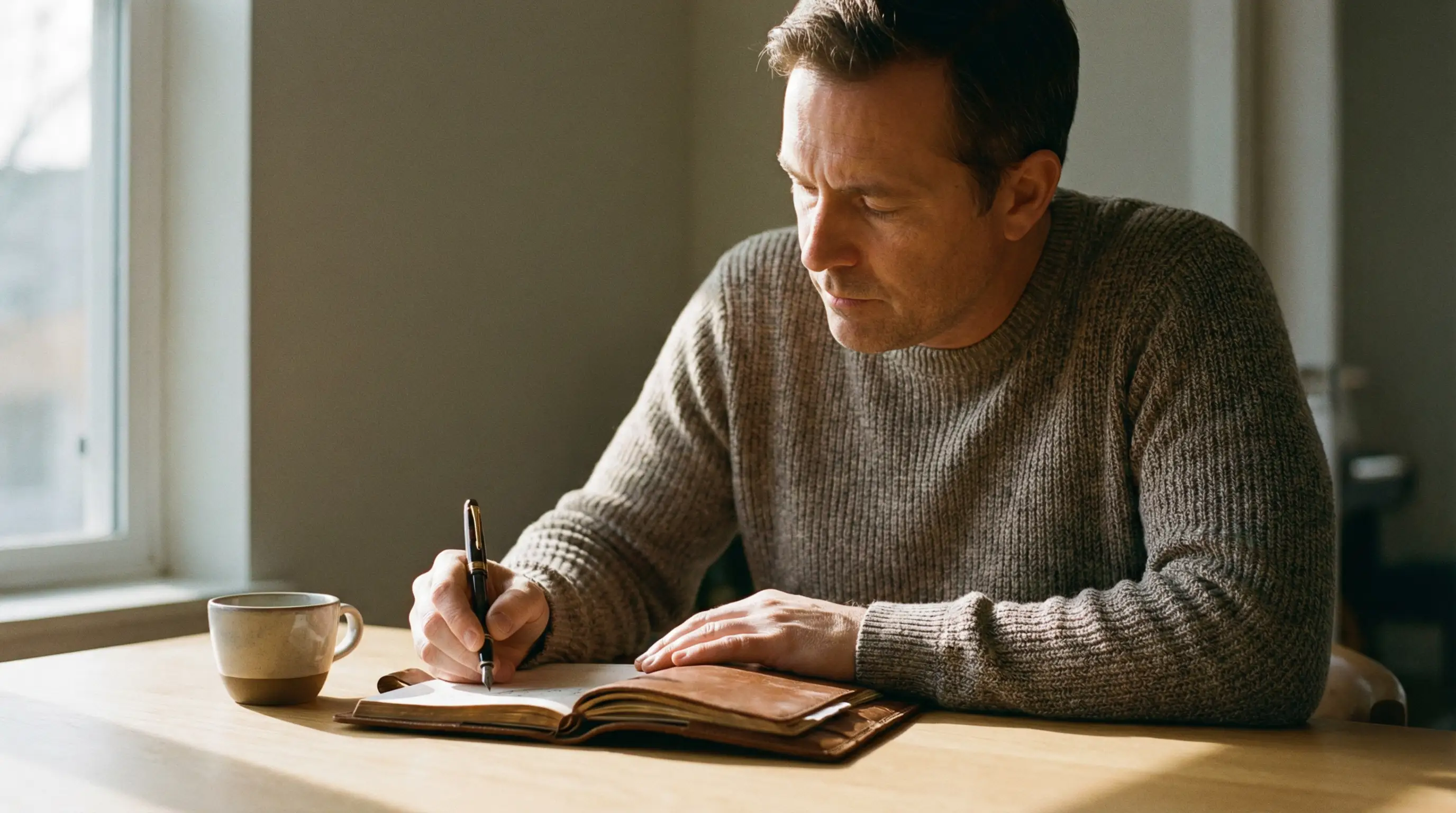 Uomo concentrato che prende appunti con disciplina rappresentando il controllo emotivo nelle scommesse