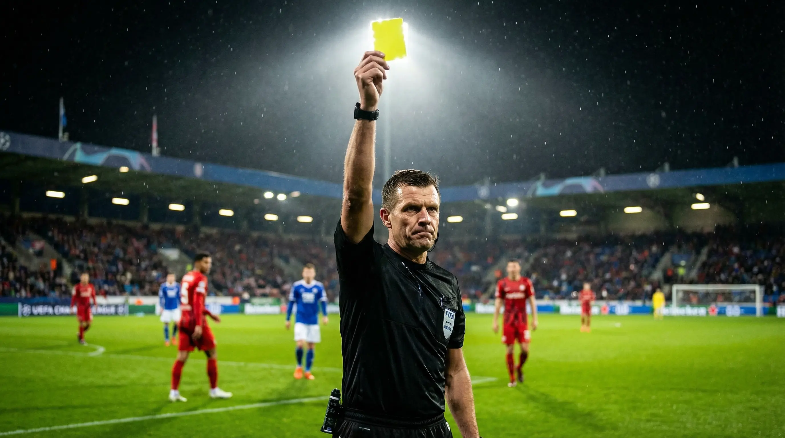 Arbitro di calcio che mostra un cartellino giallo durante una partita per le scommesse sulle ammonizioni