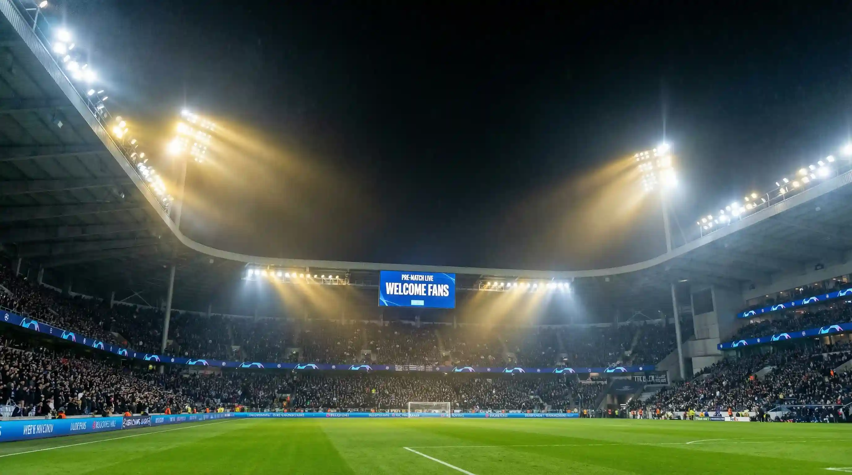 Stadio europeo illuminato di notte durante una partita di Champions League per le scommesse