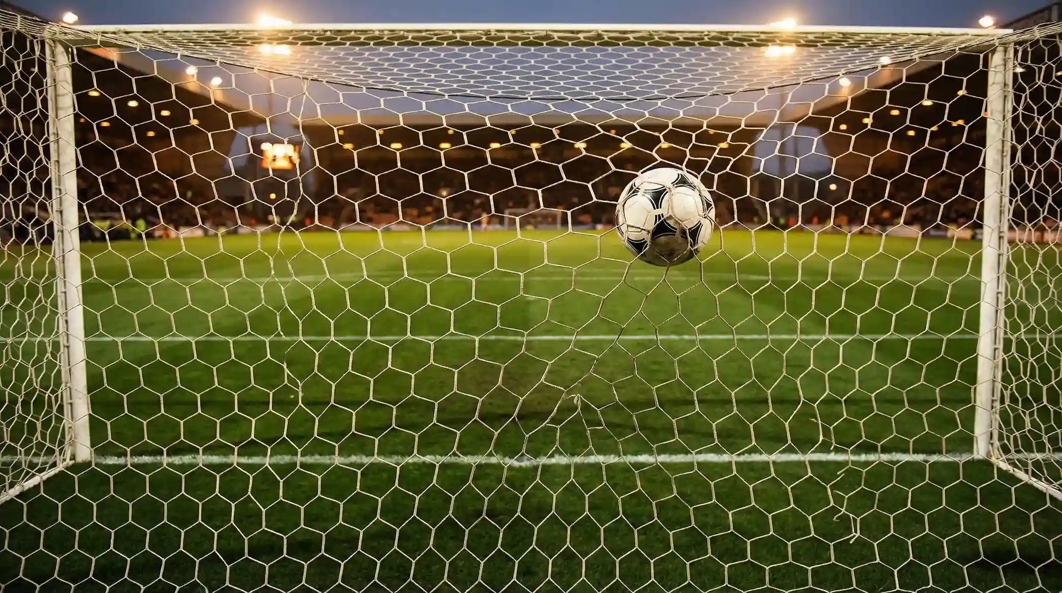 Rete da calcio vista da dietro la porta durante un tiro in porta per il mercato gol no gol