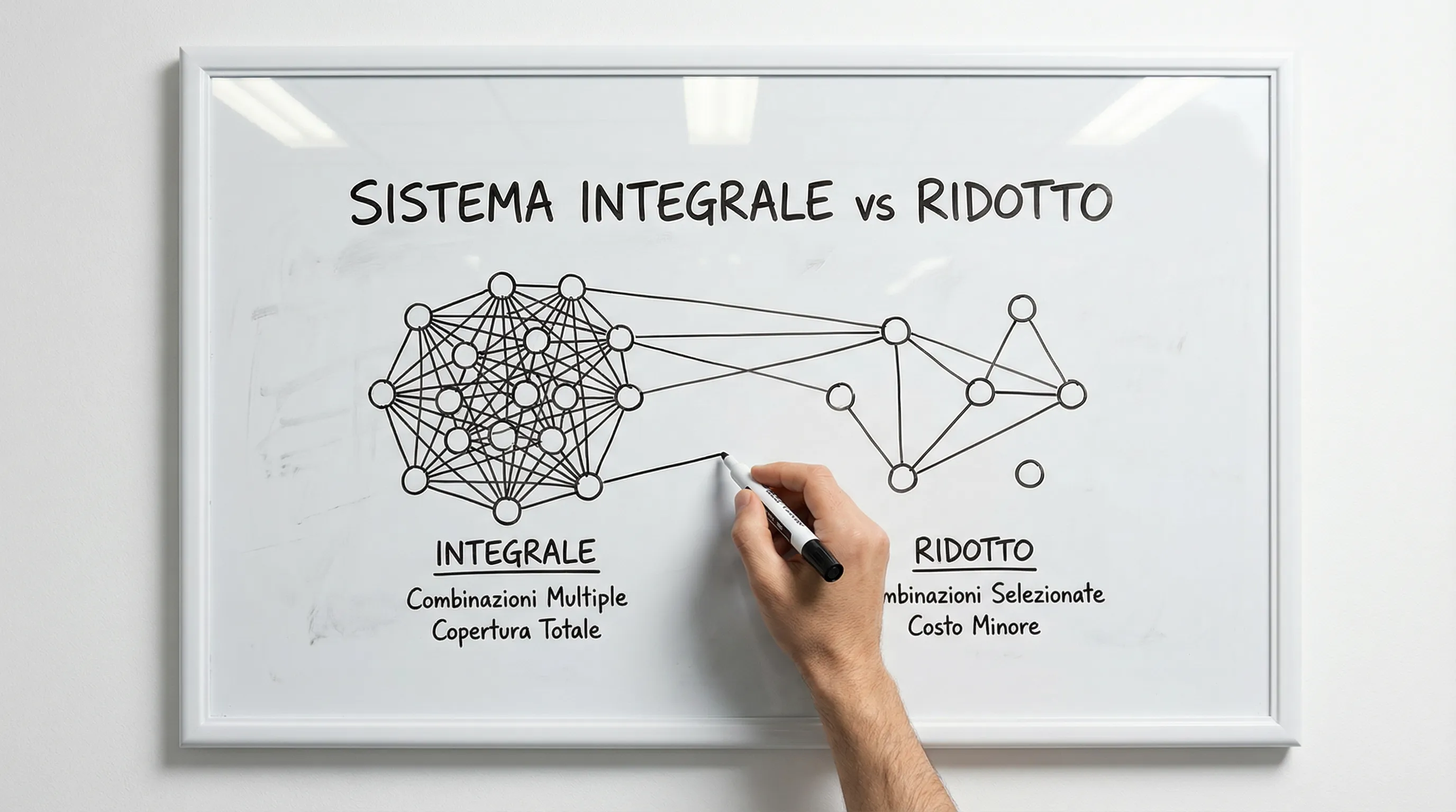 Schema visivo di un sistema di scommesse calcio con combinazioni integrate e ridotte